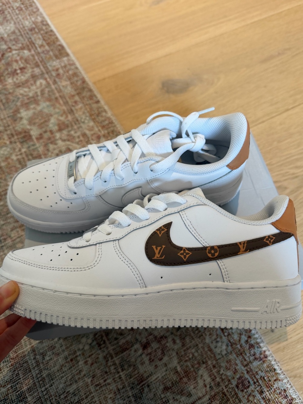 Custom AF1 - White Kids Shoes with Brown Louis Vuitton Monogram Swoosh